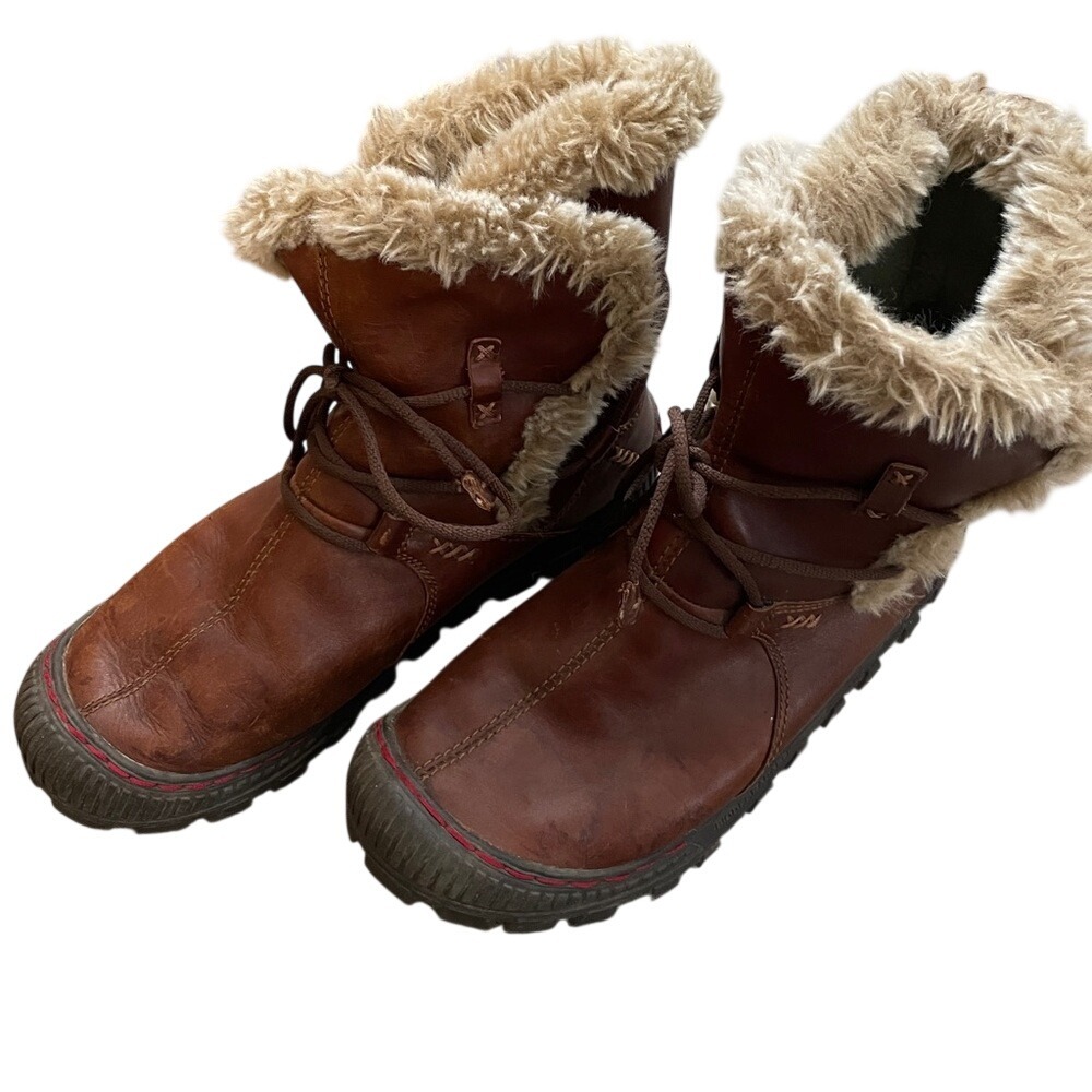 Earth Kalso Central Bridle Brown Leather Faux Fur Negative Heel Boots Womens 9B